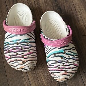 CROCS Kids Zebra Print Clogs - Pink, White, and Blue